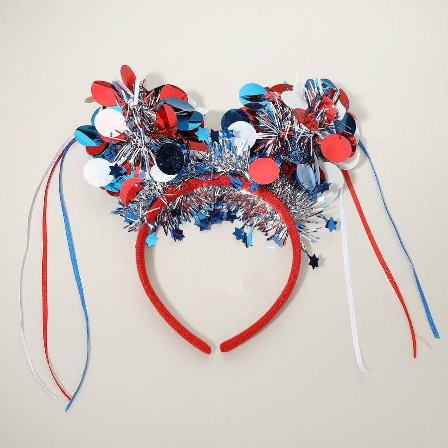 American USA Flag Tinsel Party Headband - Patriotic Sequin Headgear - Red White Blue Headband
