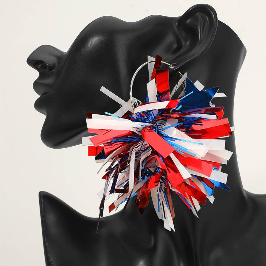 American USA Festive Tinsel Statement Hoop Earrings - Fringe Hoops - Red White Blue Party Earrings