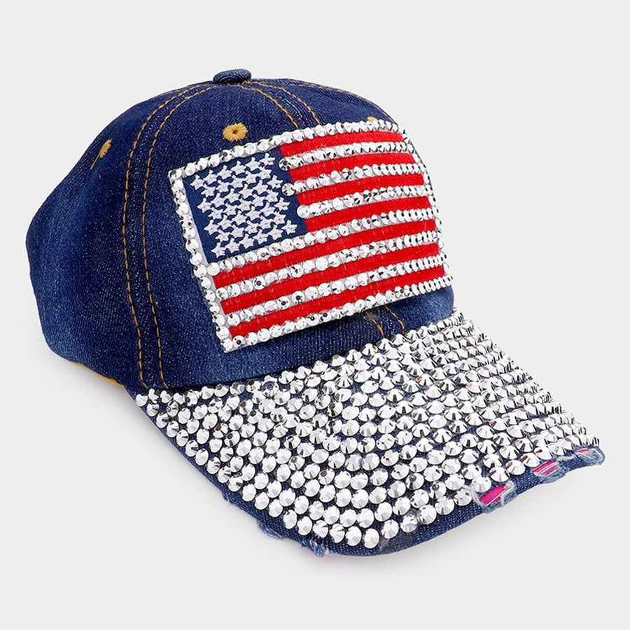 American USA Flag Studded Bling Baseball Cap - Rhinestone Patriotic Hat - Glam Trucker Hat