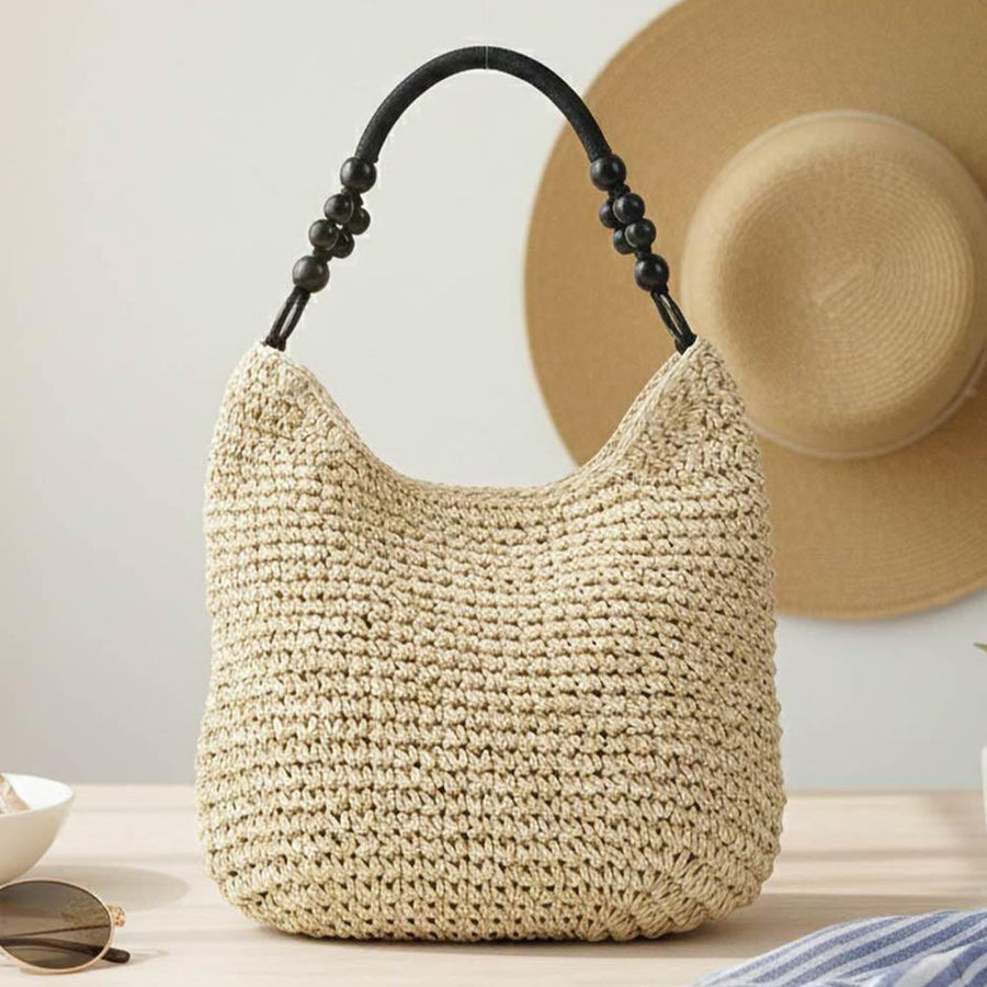 Bamboo Handle Paper Shoulder Tote Bag - Eco-Friendly Natural Boho Tote - Summer Beach Top-Handle Bags