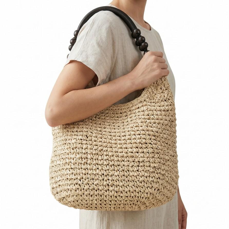 Bamboo Handle Paper Shoulder Tote Bag - Eco-Friendly Natural Boho Tote - Summer Beach Top-Handle Bags