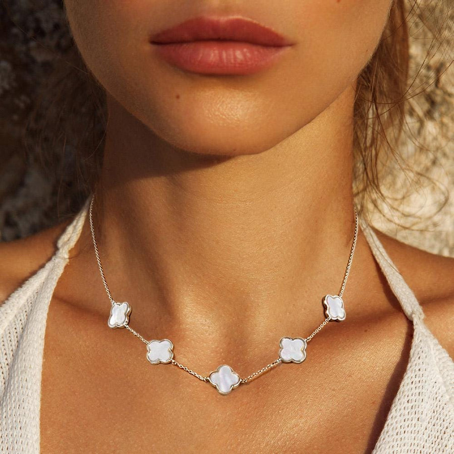 Gold Dipped Mother of Pearl Quatrefoil Station Necklace - Clover Necklace - Dainty Layering Chain
