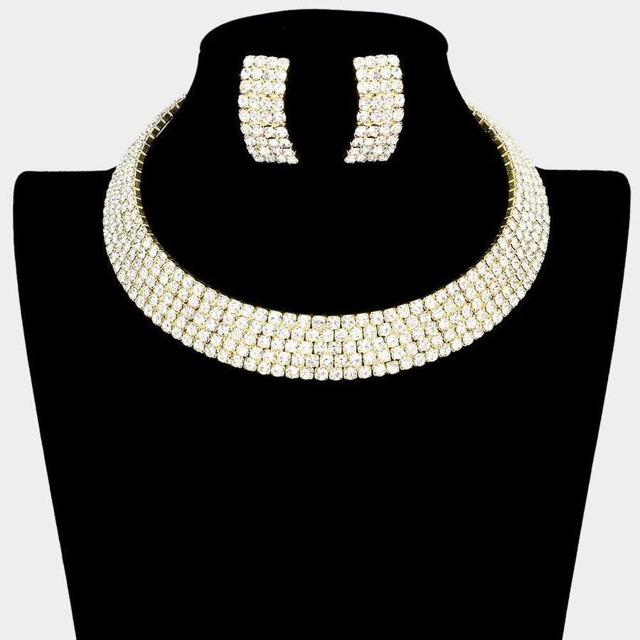 5 Row Crystal Rhinestone Choker Necklace, Statement Cuff Necklace, Sparkly Bridal Wedding Choker, Prom Pageant Jewelry
