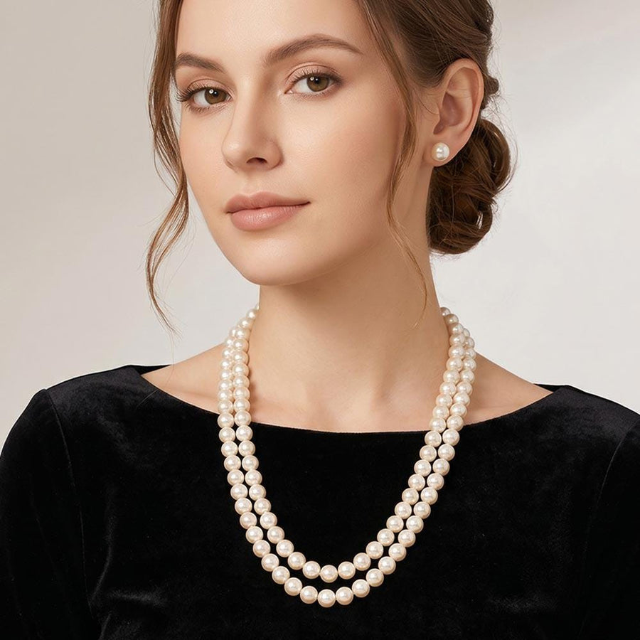 Double Layered Pearl Necklace - Classic Pearl Multi Strand Chain - Elegant Bridal Wedding Jewelry Gift
