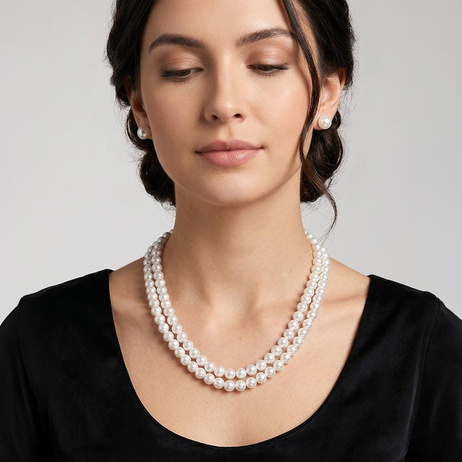Double Layered Pearl Necklace - Classic Pearl Multi Strand Chain - Elegant Bridal Wedding Jewelry Gift