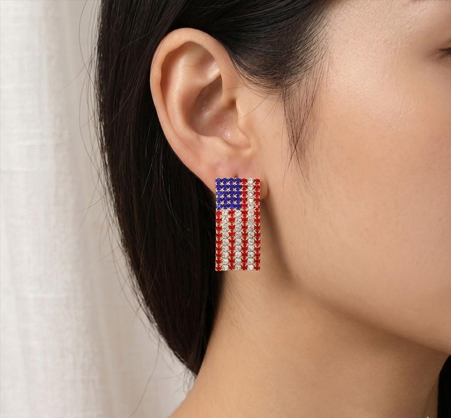 Stone Paved American USA Flag Earrings - Patriotic Crystal Flag Earring - Rhinestone Sparkle Studs