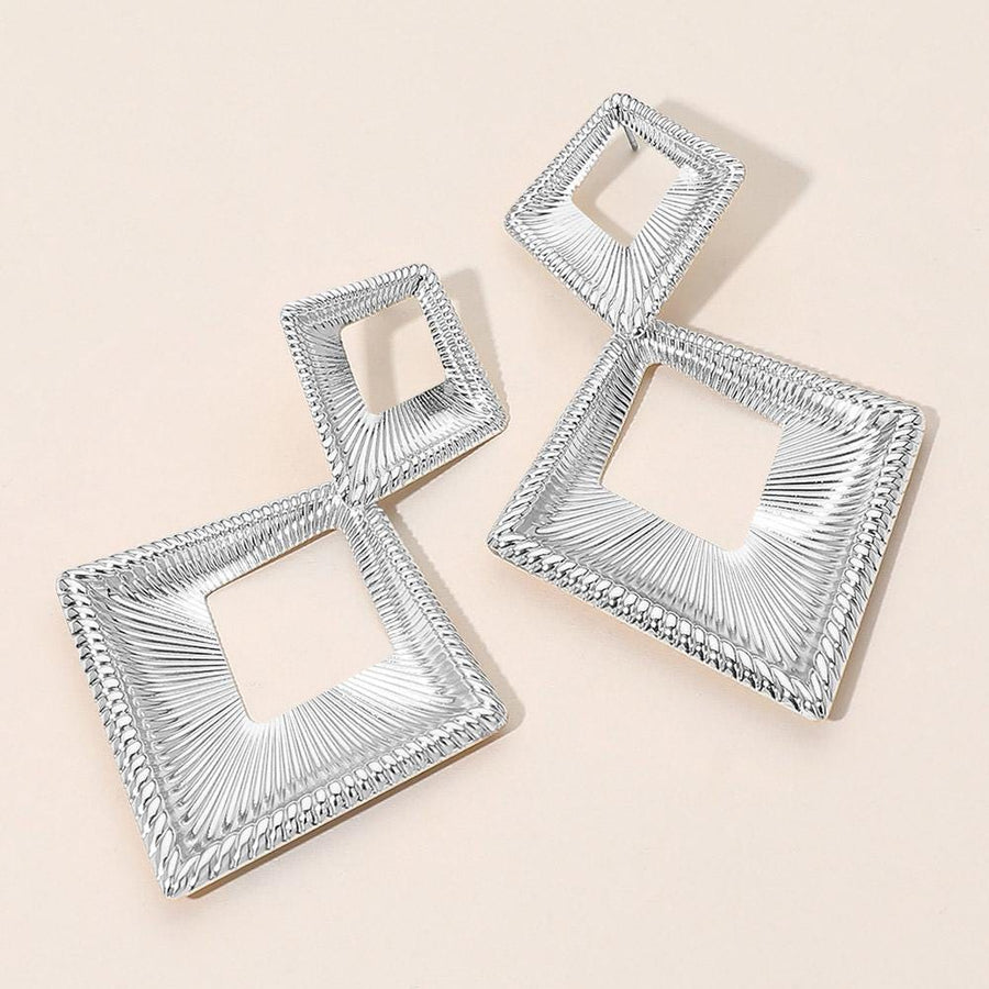 Bold Textured Metal Geometric Open Square Drop Statement Earrings - Modern Square Dangle Earring
