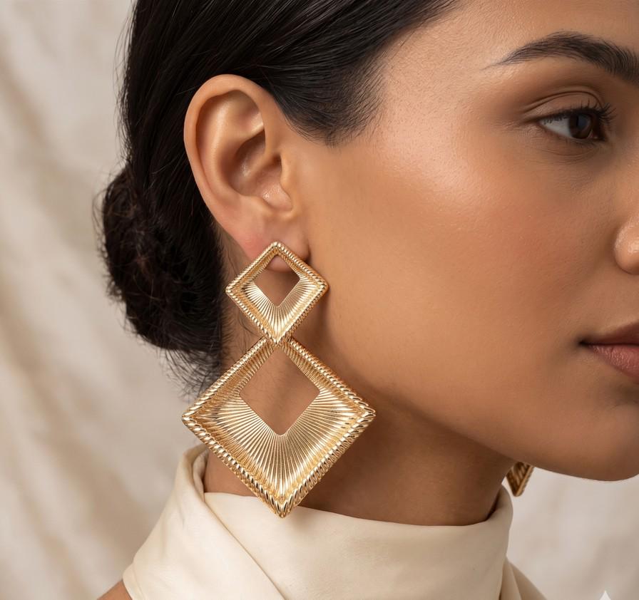 Bold Textured Metal Geometric Open Square Drop Statement Earrings - Modern Square Dangle Earring