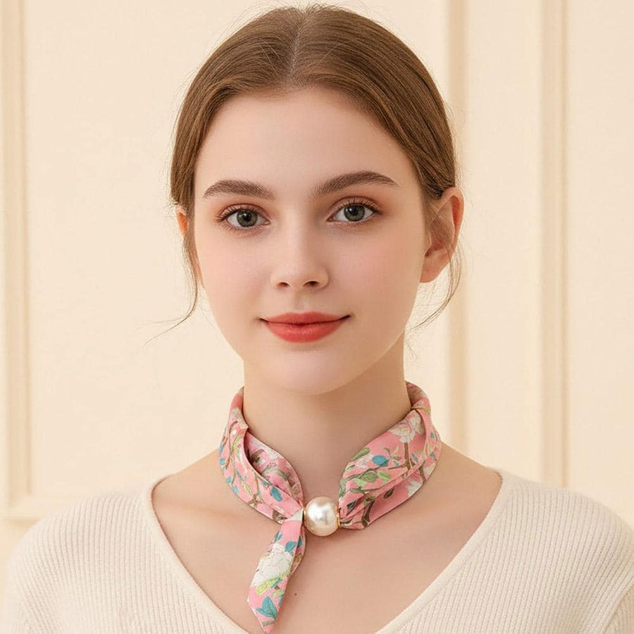 Floral Fabric Scarf Necklace, Magnetic Pearl Accent, Easy Wear Statement Jewelry