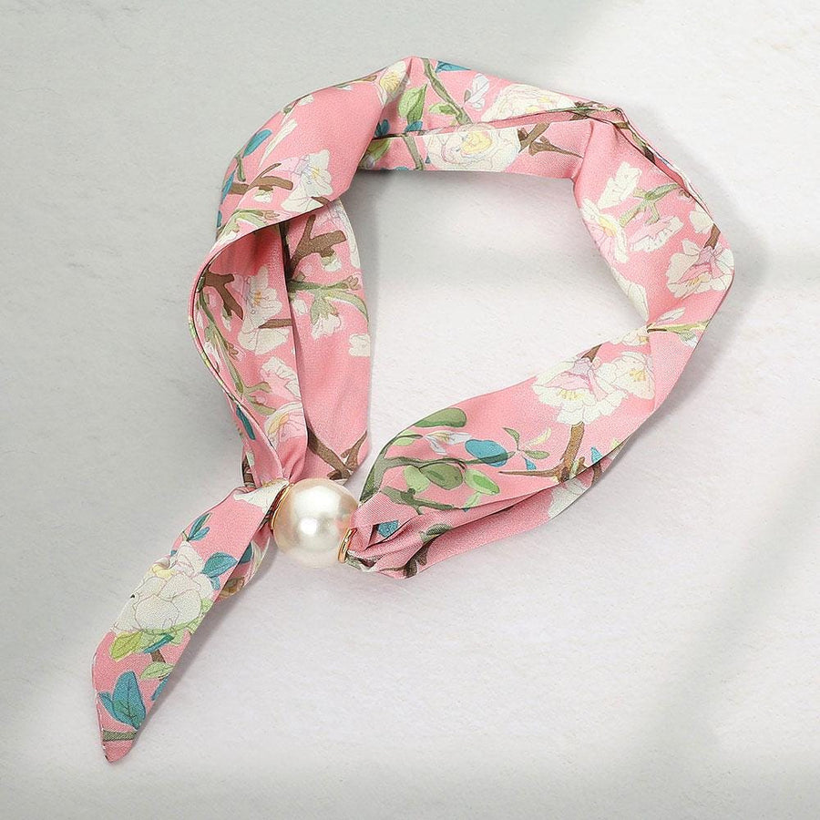 Floral Fabric Scarf Necklace, Magnetic Pearl Accent, Easy Wear Statement Jewelry