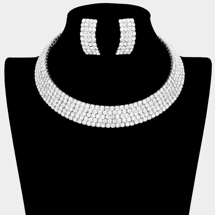 5 Row Crystal Rhinestone Choker Necklace, Statement Cuff Necklace, Sparkly Bridal Wedding Choker, Prom Pageant Jewelry