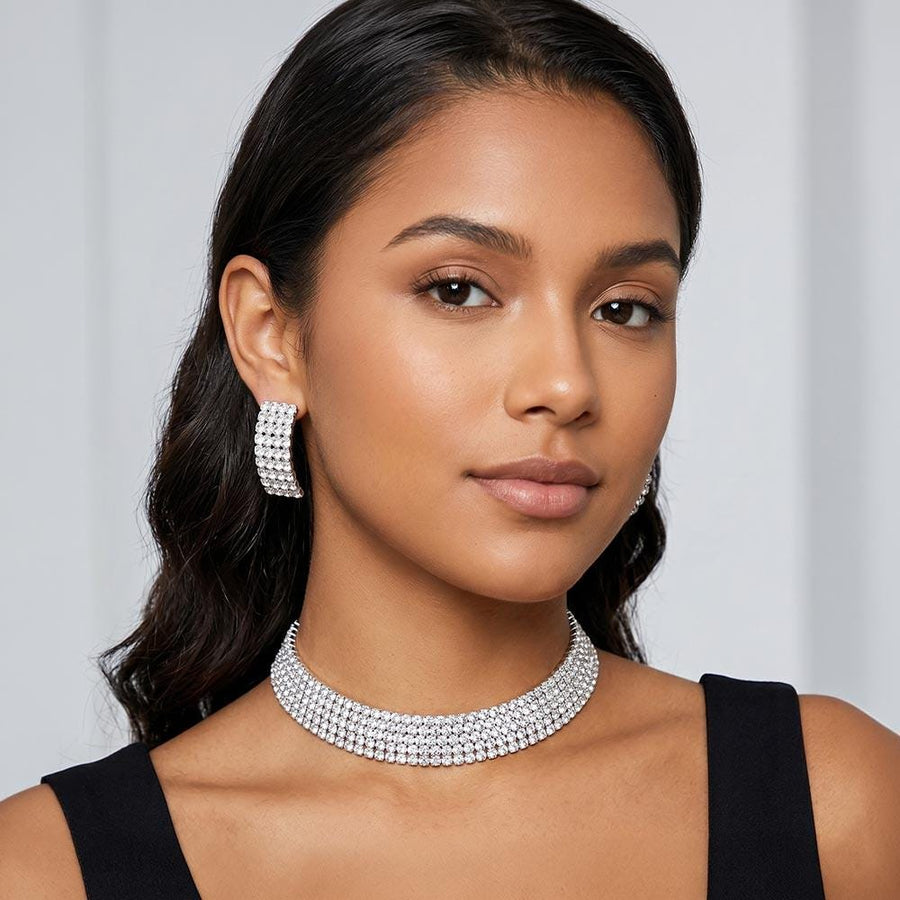 5 Row Crystal Rhinestone Choker Necklace, Statement Cuff Necklace, Sparkly Bridal Wedding Choker, Prom Pageant Jewelry