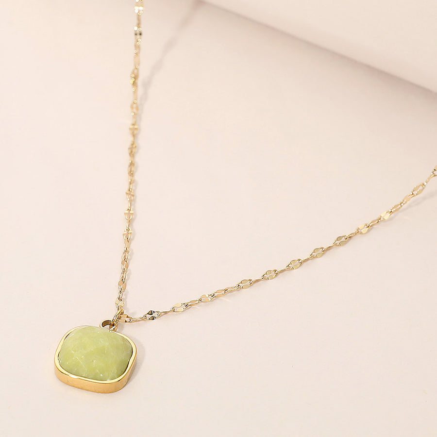 Stainless Steel Square Stone Pendant Necklace - Dainty Minimalist Chain - Elegant Everyday Pendant