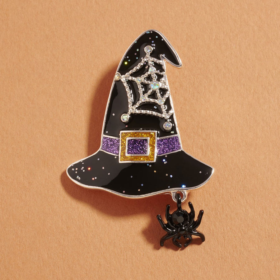 Halloween Witch Hat Spider Dangle Pin Brooch