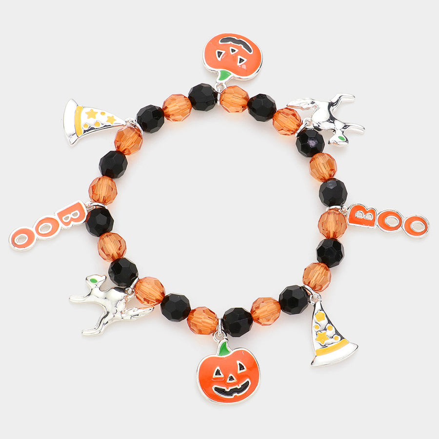 Boo Halloween Pumpkin Witch Hat Cat Enamel Charm Stretch Bracelet