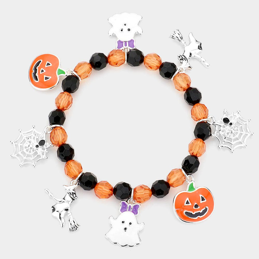 Halloween Ghost Pumpkin Witch Spider Cobweb Enamel Charm Stretch Bracelet