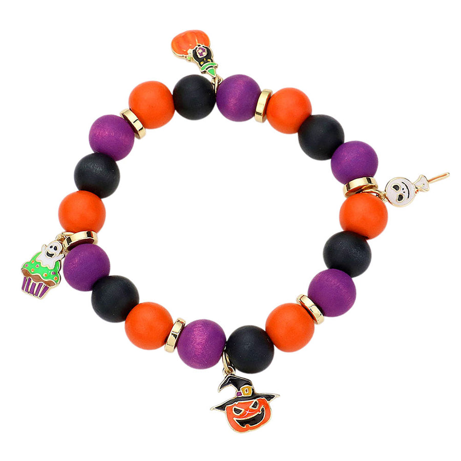 Halloween Theme Charms Wood Beaded Stretch Bracelet