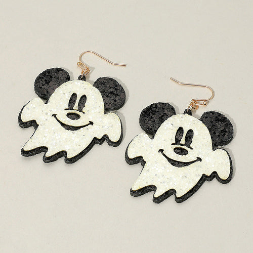 Glittered Halloween Cute Mouse Character Ghost Dangle Earrings