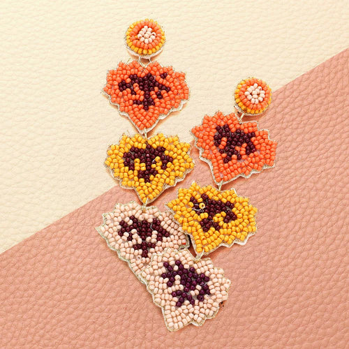 Felt Back Seed Beaded Triple Maple Leaf Link Dangle Earrings