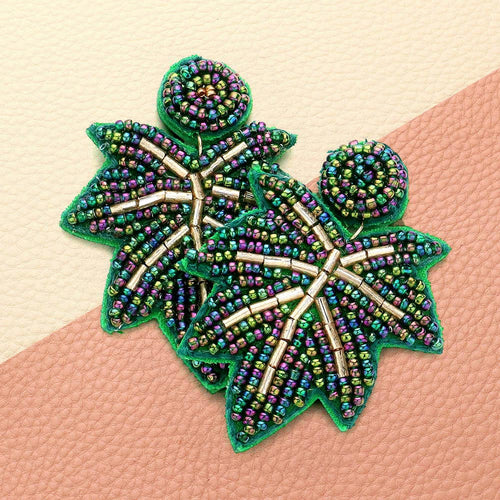 Felt Back Beaded Maple Leaf Dangle Earrings