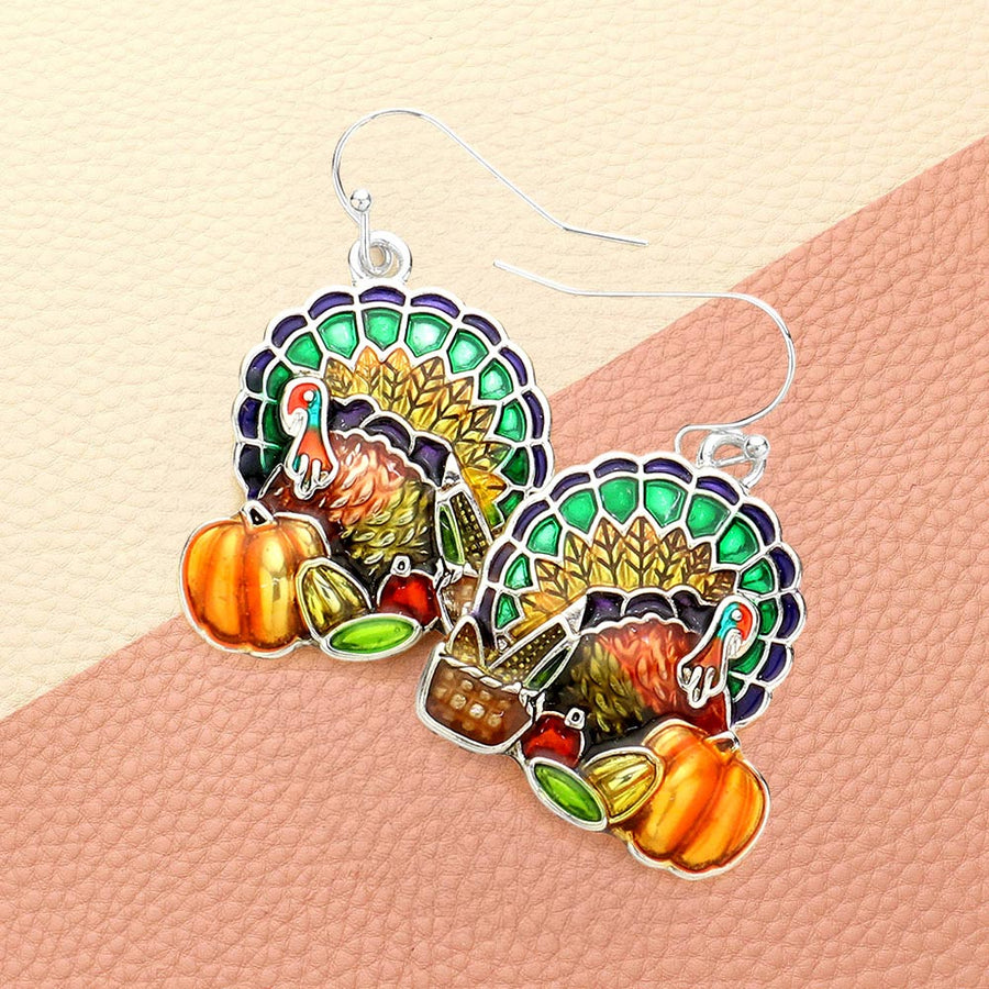 Enamel Turkey Accented Pumpkin Fruits Basket Dangle Earrings
