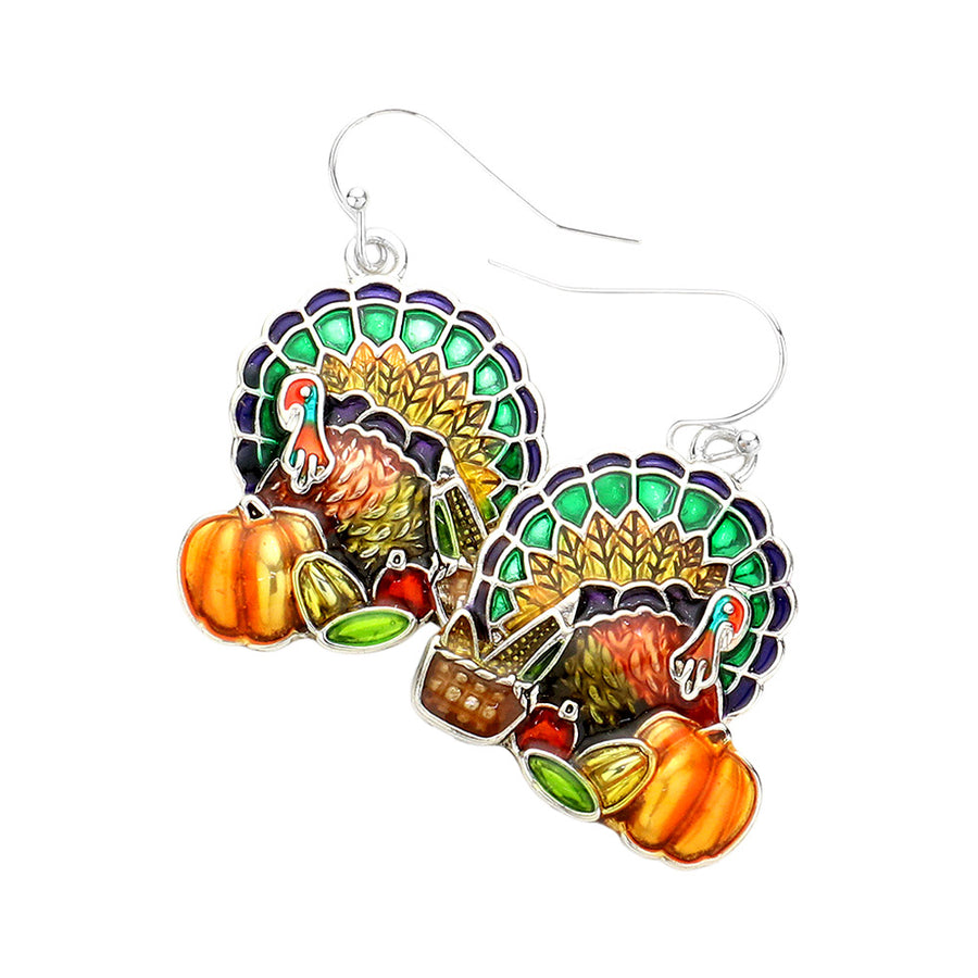 Enamel Turkey Accented Pumpkin Fruits Basket Dangle Earrings