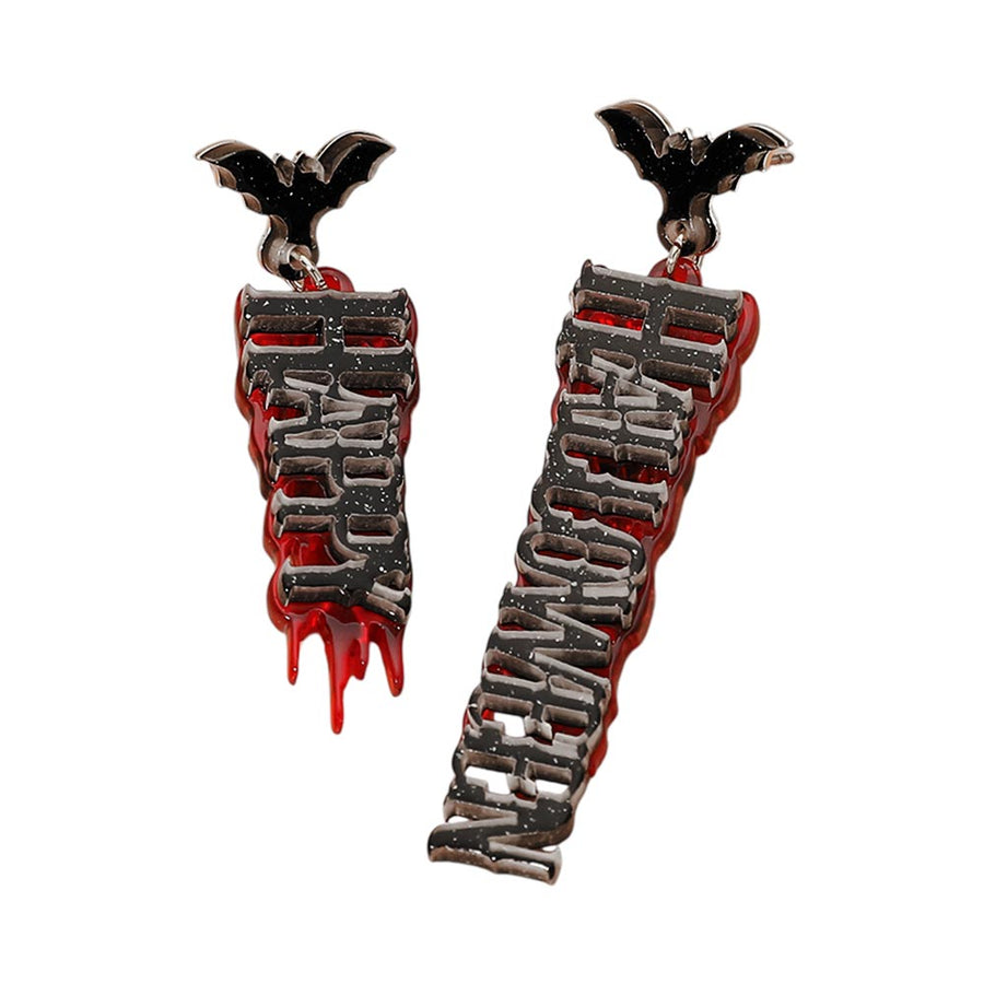 Asymmetrical HAPPY HALLOWEEN Message Drop Earrings