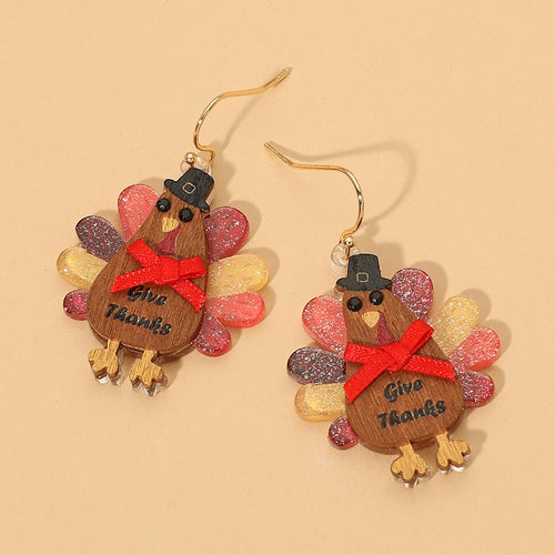 Thanksgiving Wooden Turkey Charm Drop Dangle Earrings