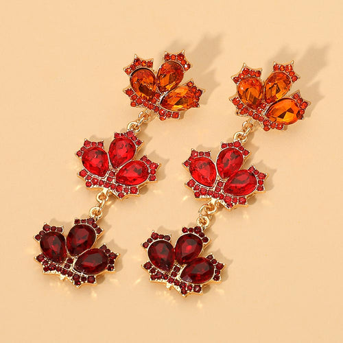 Tripled Rhinestone Maple Leaf Link Drop Earrings
