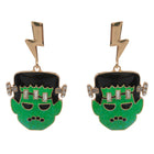 Stone Accent Glittered Enamel Halloween Lightning Bolt Frankenstein Dangle Earrings