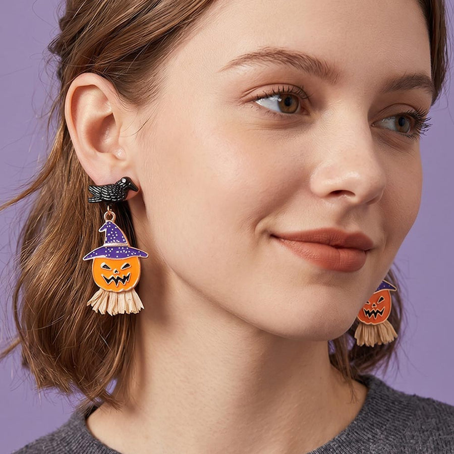 Halloween Enamel Crow Pumpkin Dangle Earrings