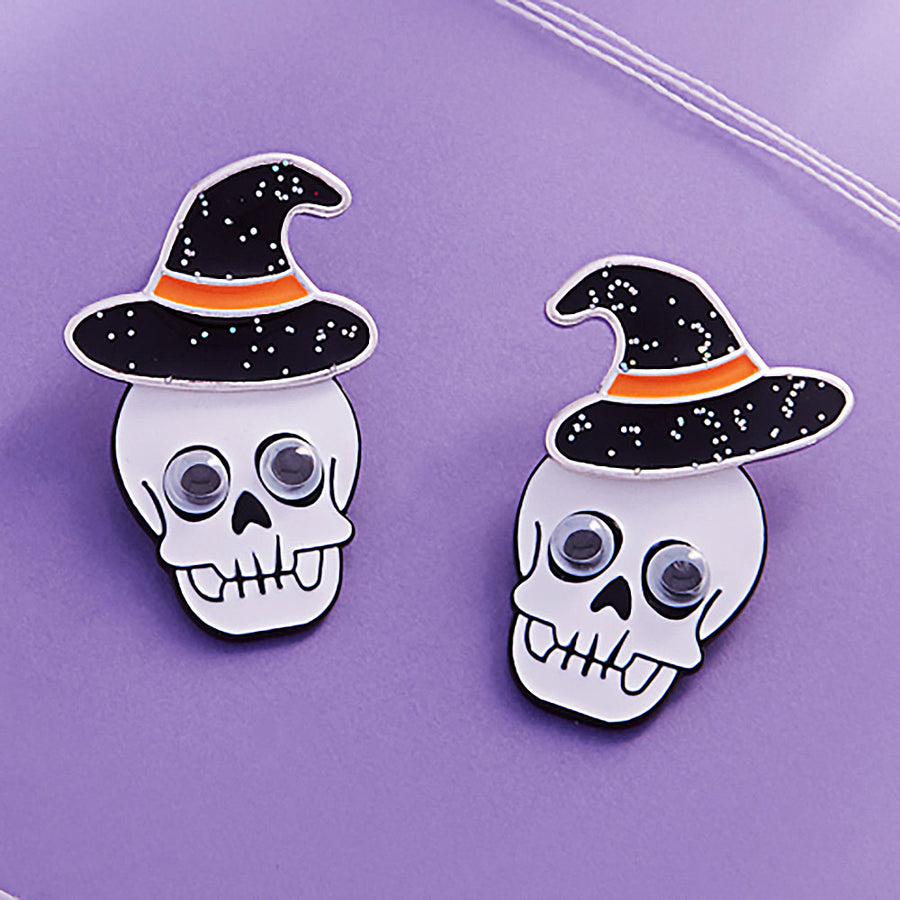 Eye Pointed Enamel Skull Head in Witch Hat Earrings