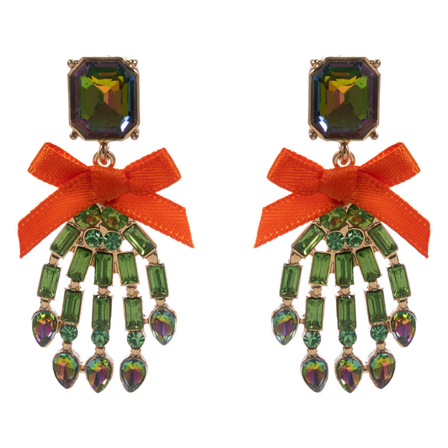 Bow Accent Glass Stone Skeleton Hand Dangle Earrings