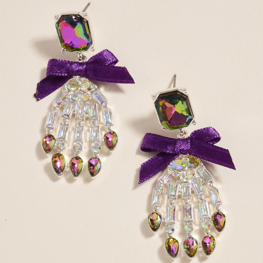 Bow Accent Glass Stone Skeleton Hand Dangle Earrings