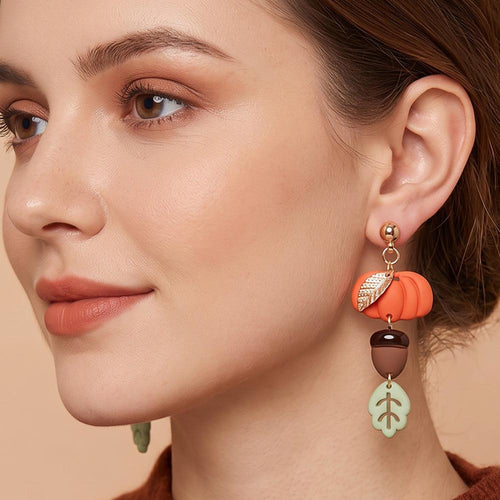 Autumn Pumpkin Acorn Leaf Charm Link Drop Earrings