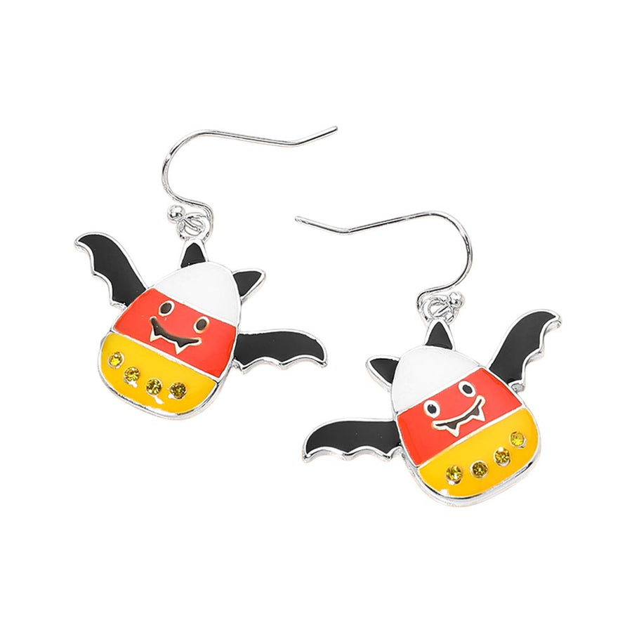 Halloween Candy Corn Bat Charm Drop Dangle Earrings