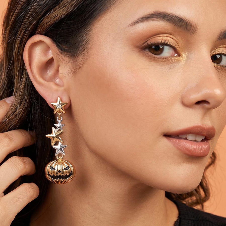 Halloween Star Jack-O Lantern Charm Link Drop Earrings