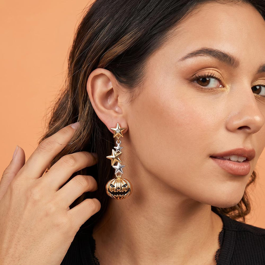 Halloween Star Jack-O Lantern Charm Link Drop Earrings