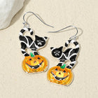 Enamel Halloween Pumpkin Black Cat Dangle Earrings