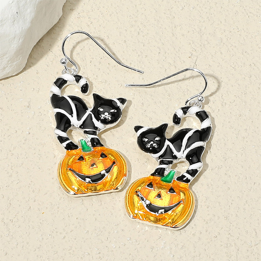 Enamel Halloween Pumpkin Black Cat Dangle Earrings