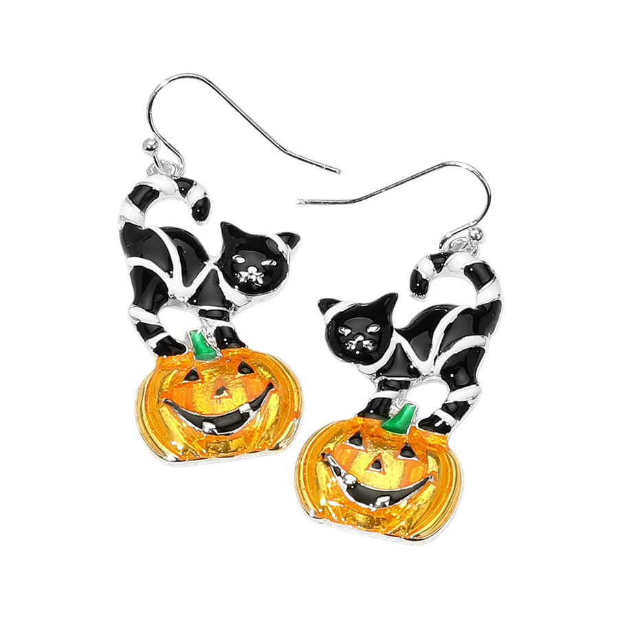 Enamel Halloween Pumpkin Black Cat Dangle Earrings