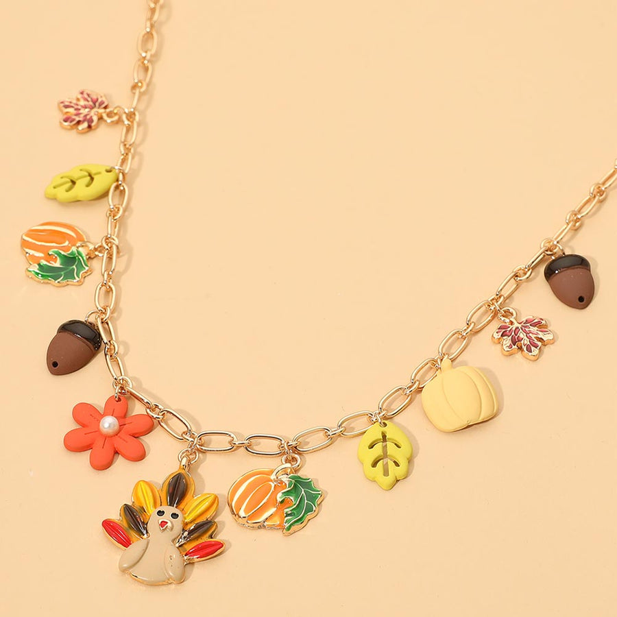 Thanksgiving Turkey Leaf Pumpkin Acorn Flower Charm Station Necklace