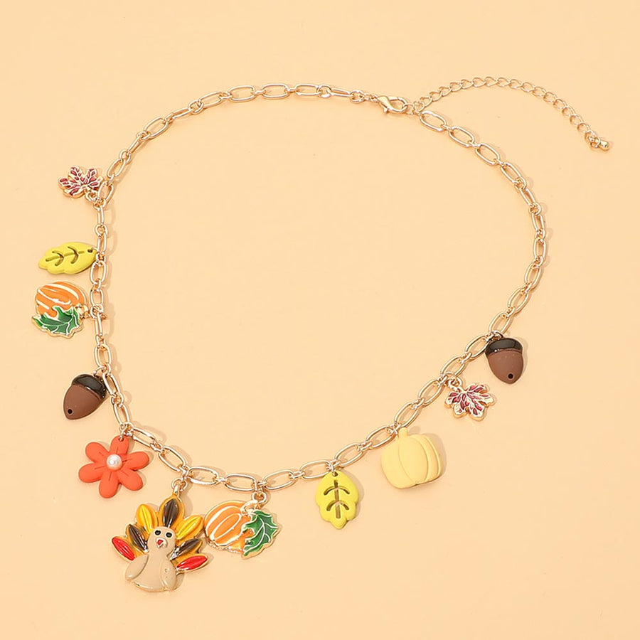 Thanksgiving Turkey Leaf Pumpkin Acorn Flower Charm Station Necklace