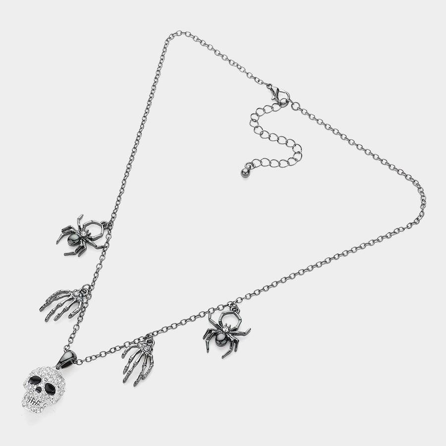 Stone Pointed Spider Web Stud Skeleton Hand Charm Station Necklace