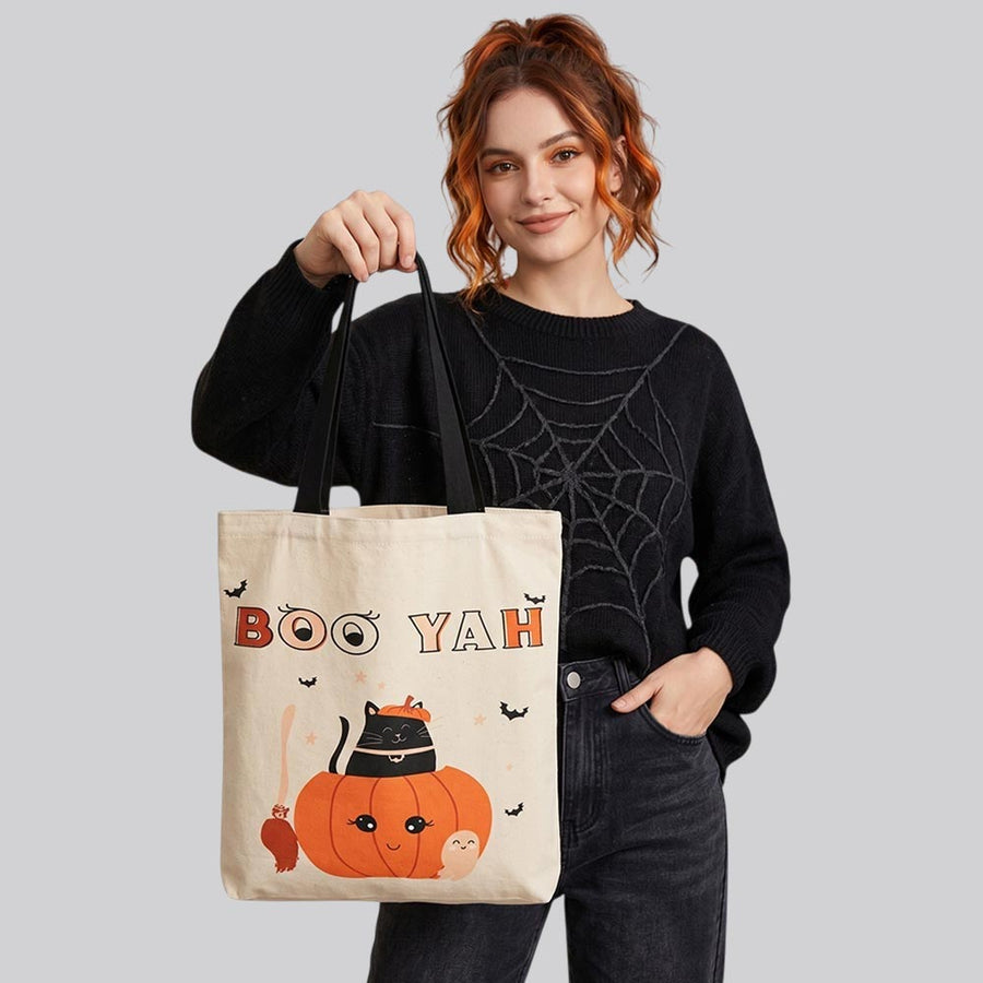 BOO YAH Halloween Pumpkin Black Cat Character Printed Shoulder Tote Bag
