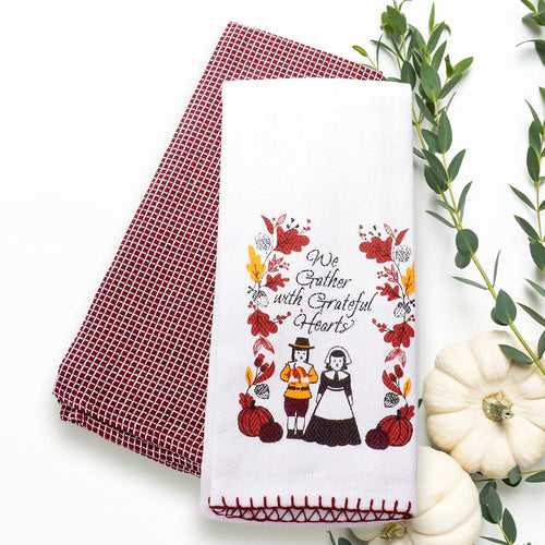 2PCS - We Gather with Grateful Hearts Message Thanksgiving Printed Gingham Kitchen Towel Set