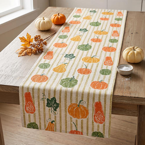 Fall Autumn Farmhouse Pumpkin Harvest Pattern Striped Printed Table Runner
