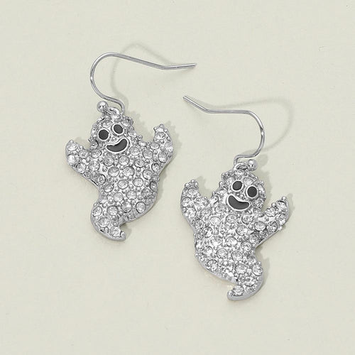 Stone Pave Halloween Ghost Charm Drop Dangle Earrings