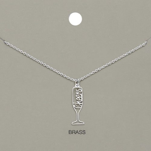 Cheers Message Wine Glass Brass Metal Pendant Necklace