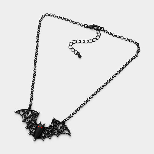Stone Embellished Filigree Bat Pendant Necklace